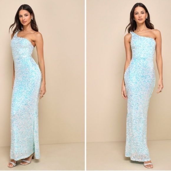 LULU's Prom Wedding Special Event Floral Sequins Lace Up Back Mermaid Gown - Picture 3 of 4